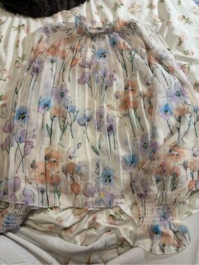 SHEIN White Floral Sheer Blouse with Pastel Pink Lavender and Blue Flowers